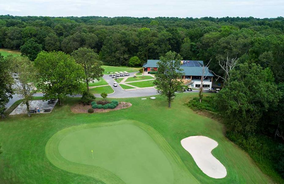 Montgomery Bell State Park Golf Course Burns TN - Panoramic fairway view hole 12 with strategic bunkers and mature trees