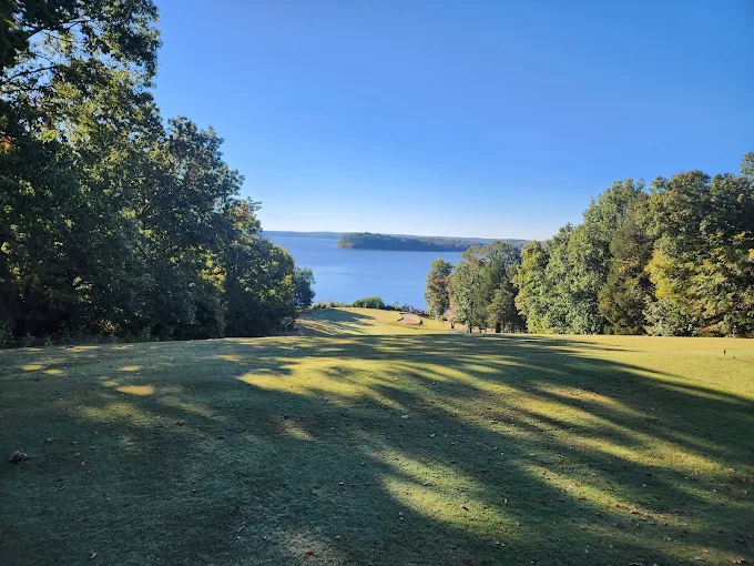 Paris Landing State Park Golf Course Buchanan TN - Panoramic fairway view hole 12 with strategic bunkers and mature trees