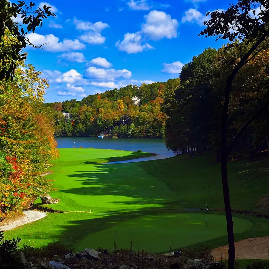 Stonehenge Golf Club Fairfield Glade TN - Panoramic fairway view hole 12 with strategic bunkers and mature trees