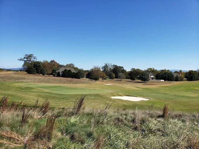 The Links at Kahite Tellico Village TN - Panoramic fairway view hole 12 with strategic bunkers and mature trees