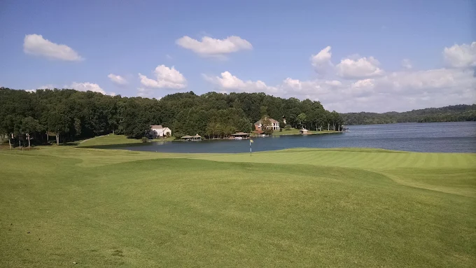 Toqua Golf Course Tellico Village TN - Panoramic fairway view hole 12 with strategic bunkers and mature trees