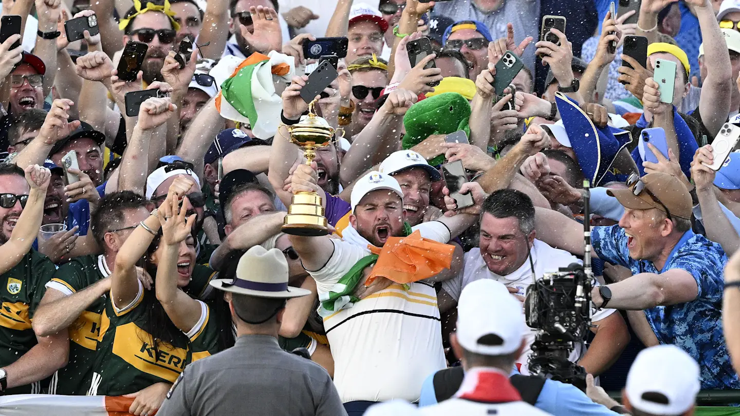 Team Europe celebrates their dramatic 15-13 Ryder Cup victory at Bethpage Black as Shane Lowry secures the crucial point