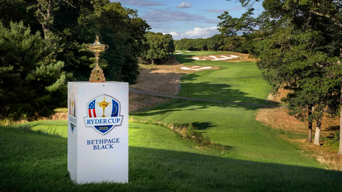 Ryder Cup 2025 at Bethpage Black with weather clouds gathering over the course