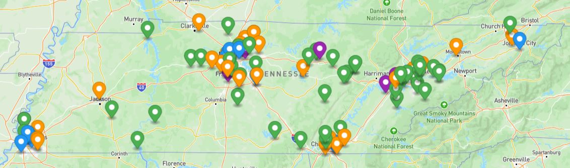 Tennessee golf regions map showing Nashville Memphis Knoxville Chattanooga golf courses